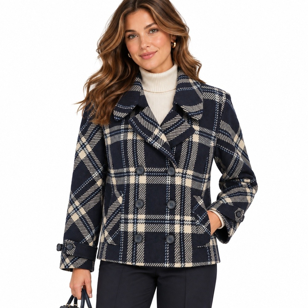 Talbots Wool Blend Double Breasted Pea Coat 12 Navy Plaid Dark Academia Preppy